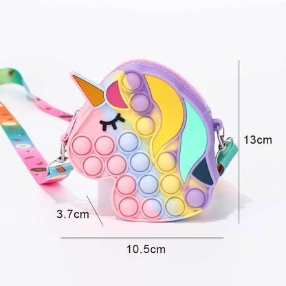 Unicorn theme pop fidget shoulder bag, ideal for young girls, silicone, sensory bag