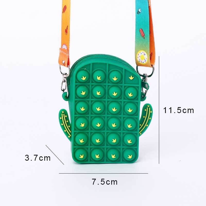 Child wearing a cute unicorn pop fidget shoulder bag, demonstrating size and style