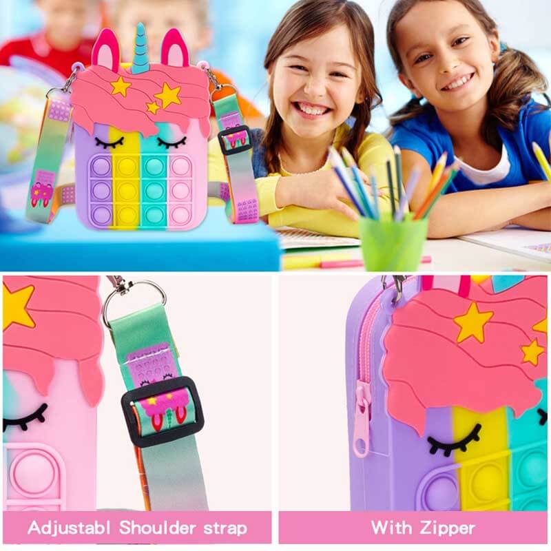 Pink unicorn pop fidget shoulder bag for kids, silicone, 'pop it' design, girls gift
