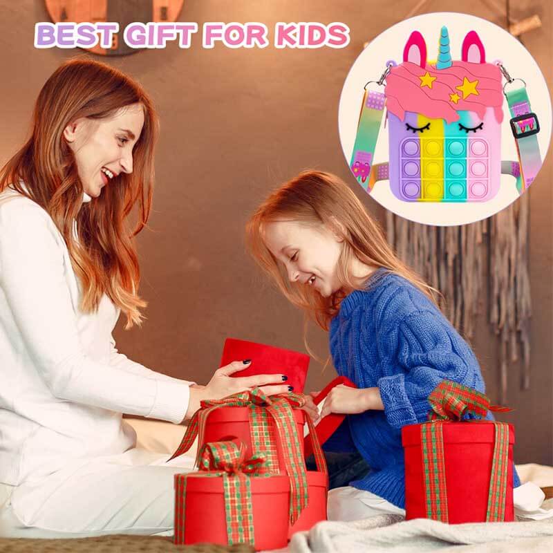 Unicorn pop fidget shoulder bag, vibrant colors, sensory play, fashionable accessory for girls