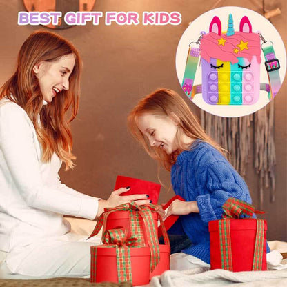 Unicorn pop fidget shoulder bag, vibrant colors, sensory play, fashionable accessory for girls