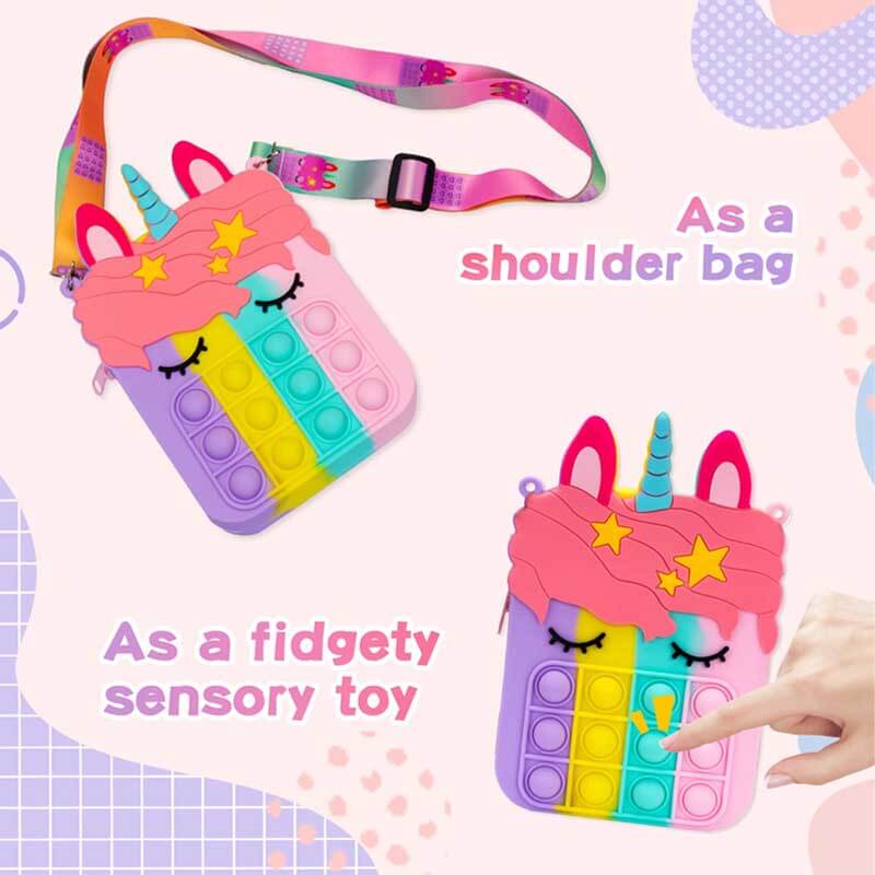 Shoulder bag for girls featuring unicorn design and pop it fidget bubbles, kids fashion