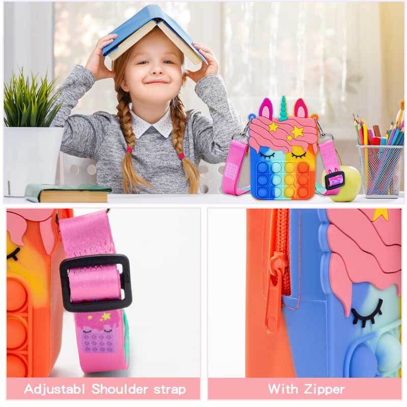 Close-up of a unicorn pop fidget shoulder bag, showing pop-it bubbles, silicone material