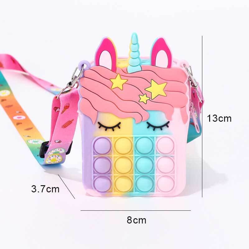 Rainbow unicorn pop fidget shoulder bag, playful design, silicone sensory toy, children's gift