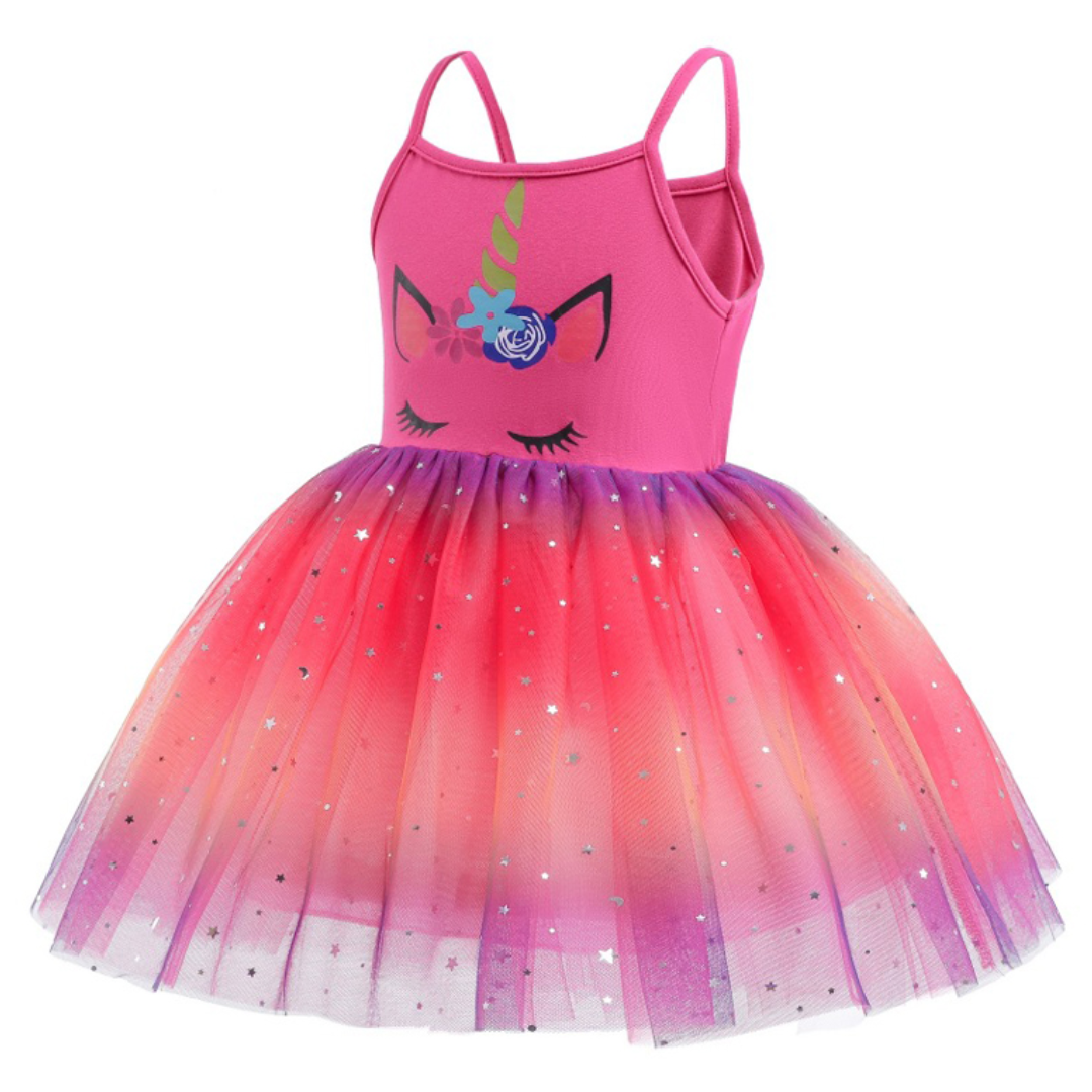 Toddler girl in a magical unicorn sleeveless dress for summer play and casual wear.