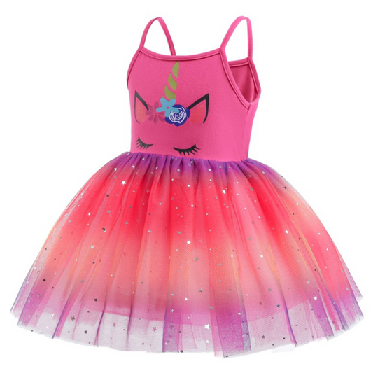Toddler girl in a magical unicorn sleeveless dress for summer play and casual wear.
