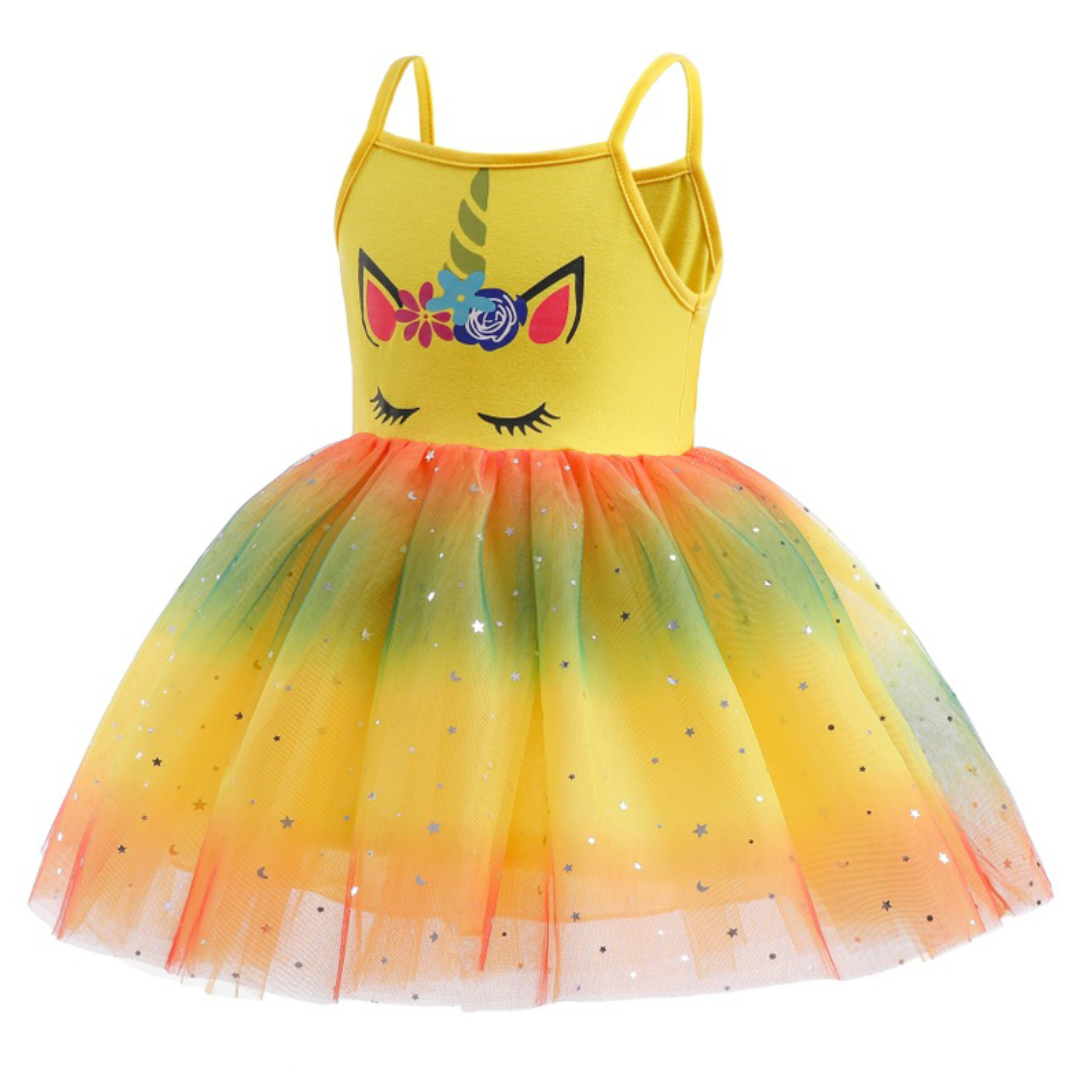 Vibrant rainbow unicorn dress for girls, a comfortable sleeveless design for summer fashion.