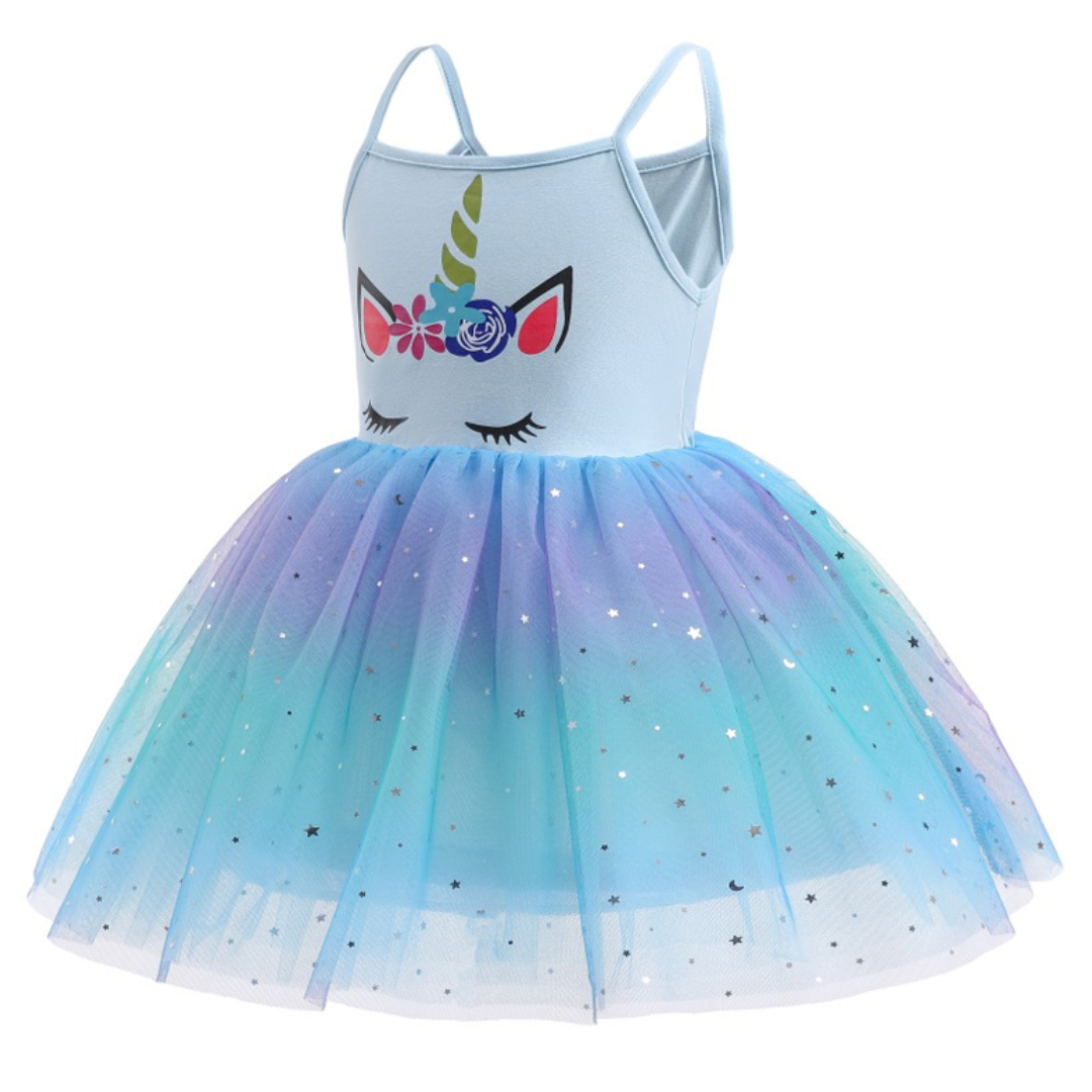 Cute girls' unicorn sleeveless summer dress with a full tutu skirt, great for casual elegance.