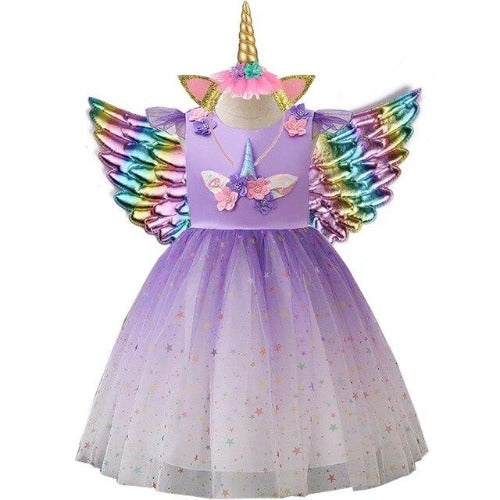Sleeveless girls' unicorn party dress featuring star appliques, with iridescent wings and horn headband.
