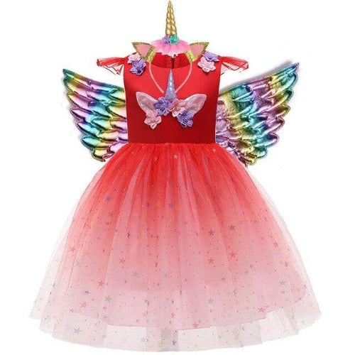 Kids' fantasy wear: unicorn star party dress set, including a vibrant dress, wings, and unicorn headband.
