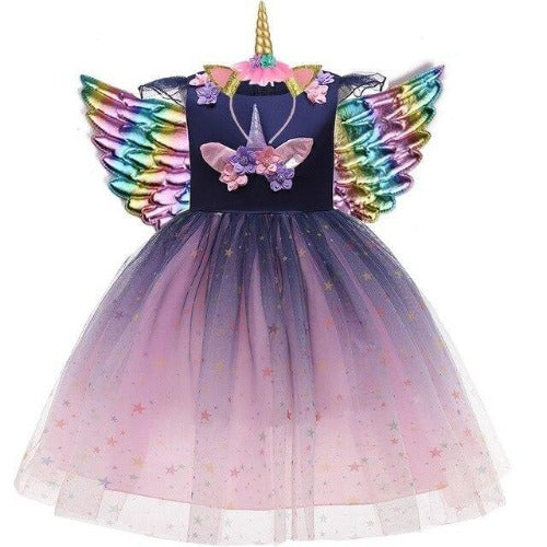 Birthday outfit for girls: unicorn star party dress with intricate appliques, wings, and a cute headband.