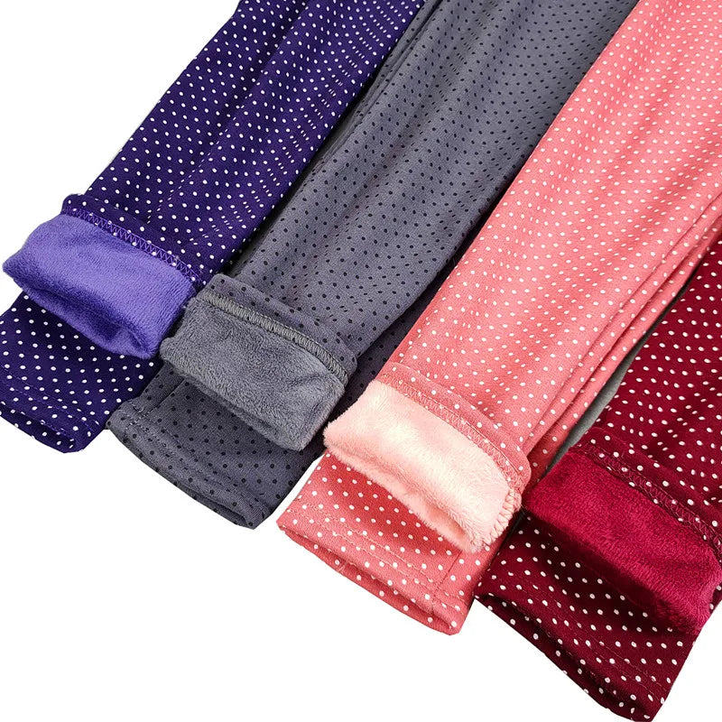 Close-up of velvet dot texture on warm girls' cotton stretch leggings, quality fabric
