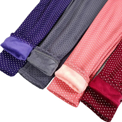 Close-up of velvet dot texture on warm girls' cotton stretch leggings, quality fabric