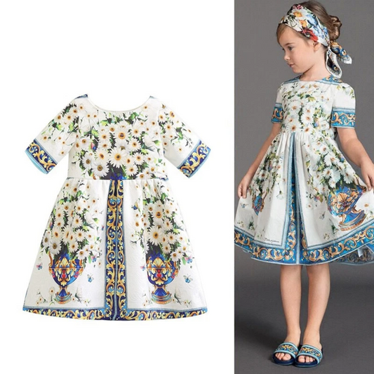 Girls' vintage floral bloom party dress in soft cotton blend, perfect for summer special occasions.