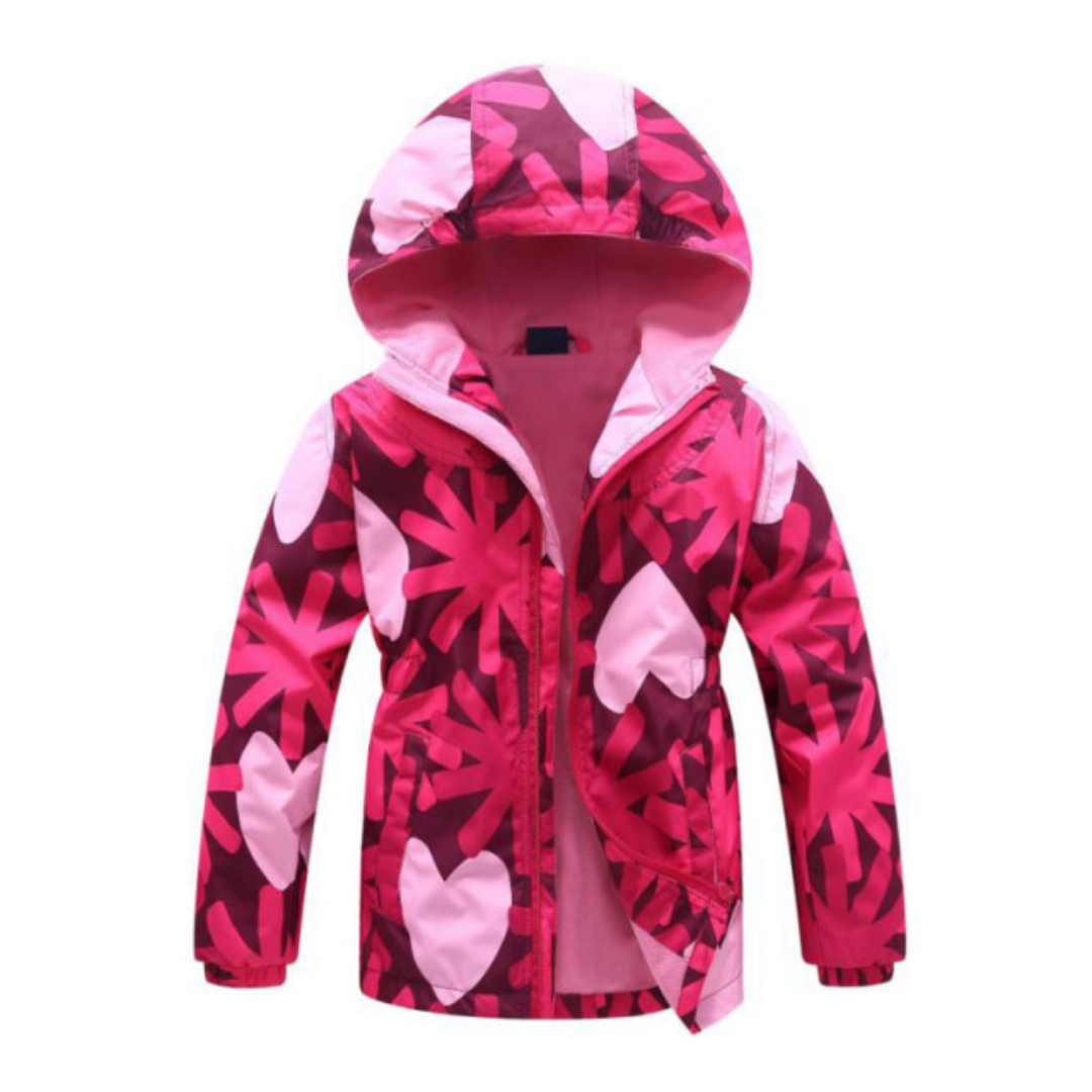 Girls' waterproof hoodie jacket with heart print, magenta polyester, baby clothing, fall fashion