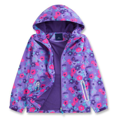Lightweight girls' polyester jacket with charming heart print, waterproof, easy to clean