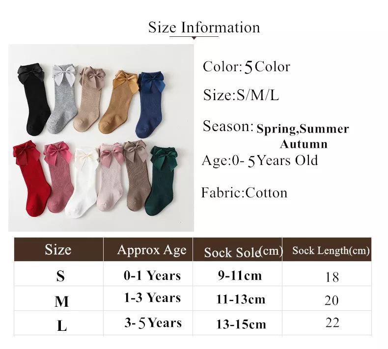 Soft texture of cotton knee-high bow socks for baby girls; cozy summer wear