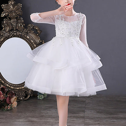 Girls' white lace princess party dress with pink beads and long sleeves, perfect for flower girls.