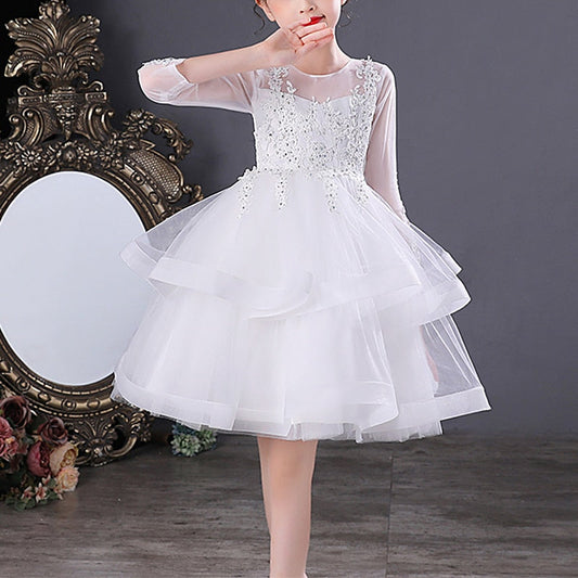 Girls' white lace princess party dress with pink beads and long sleeves, perfect for flower girls.