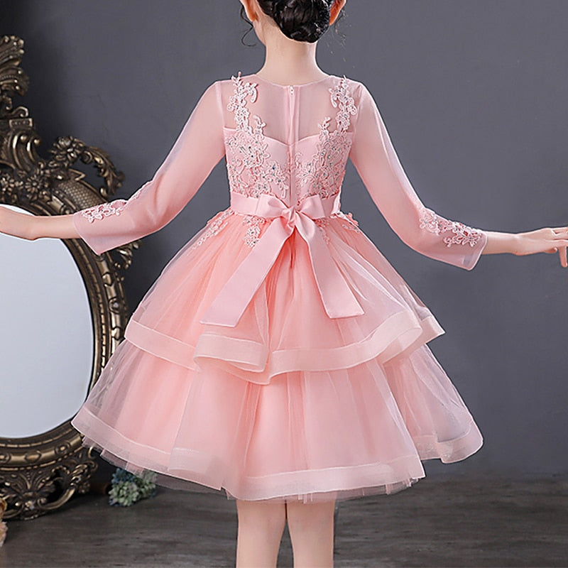 White tulle princess dress for girls, featuring intricate pink beading and embroidered floral patterns.
