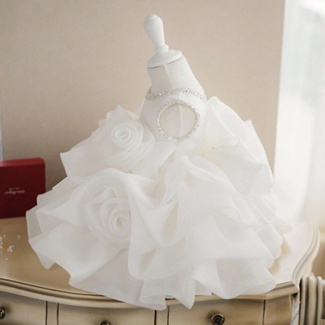 Close-up of a white lace layer and soft tulle on a girl's princess ball gown, showcasing fine detail.