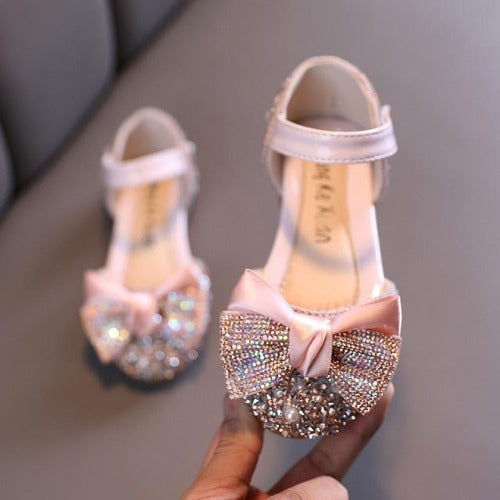 Girls' white pearl rhinestone bow princess flats, perfect toddler party shoes for infants