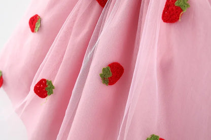Fashionable girls' white dress, embroidered with strawberries and adorned with a cute bow, for summer wear.