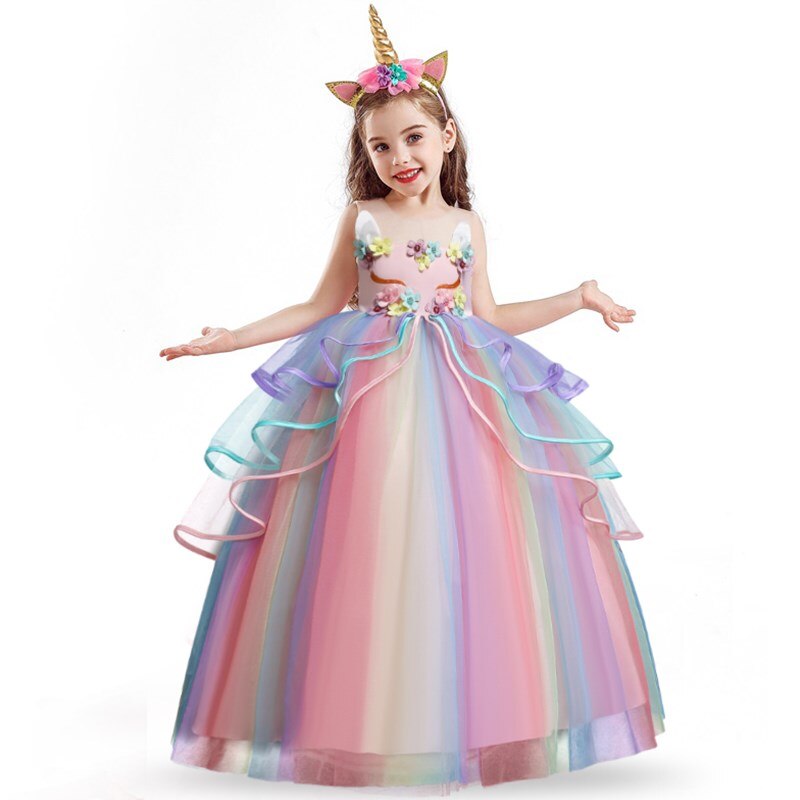 Girls' winged unicorn ruffled back dress, pink & white fairytale kids party wear.