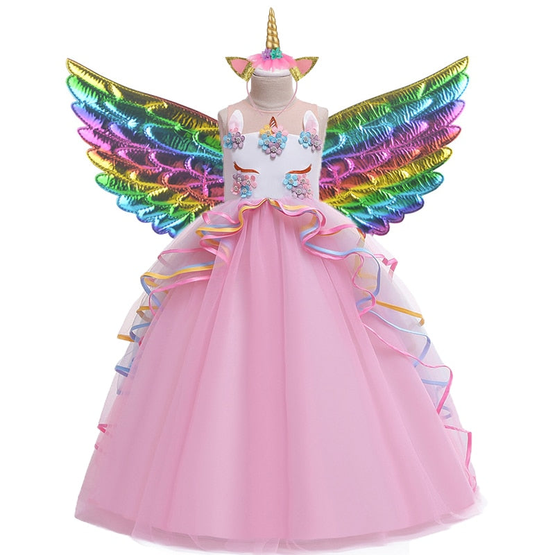 Girls' elegant A-line unicorn dress with playful ruffles, perfect for birthday celebrations.