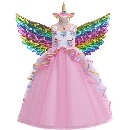 Girls' elegant A-line unicorn dress with playful ruffles, perfect for birthday celebrations.