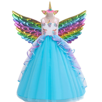 Stack of folded girls' winged unicorn ruffled back dresses in various sizes, kids fashion.