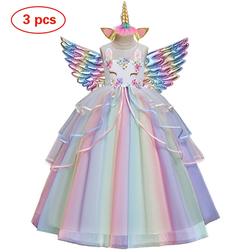 Back view of girls' unicorn dress with ruffled detailing, perfect kids party wear.
