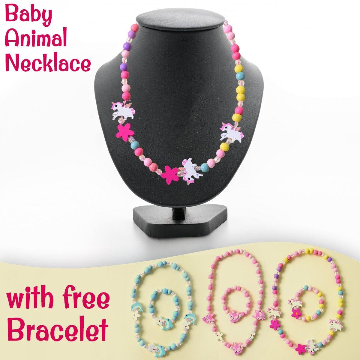 Girls' wooden animal charm necklace & bracelet set with unicorn, dolphin, fox, owl, cat, butterfly charms.