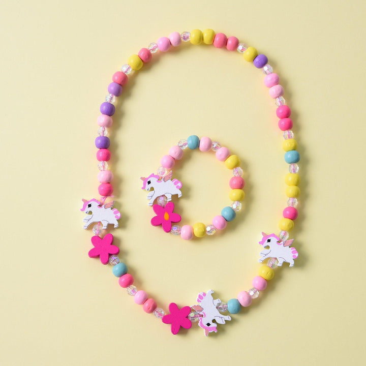 Children's fashion: wooden animal charm necklace and bracelet set with multiple cute animal designs.