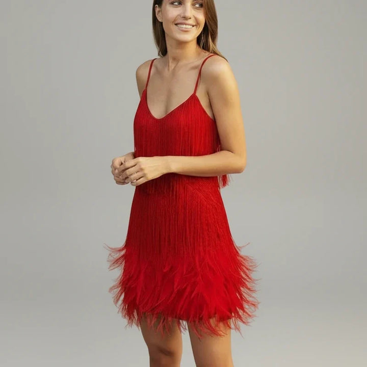 Glamorous women's spaghetti strap fringe bodycon mini dress, perfect for party, clubwear, or special events.