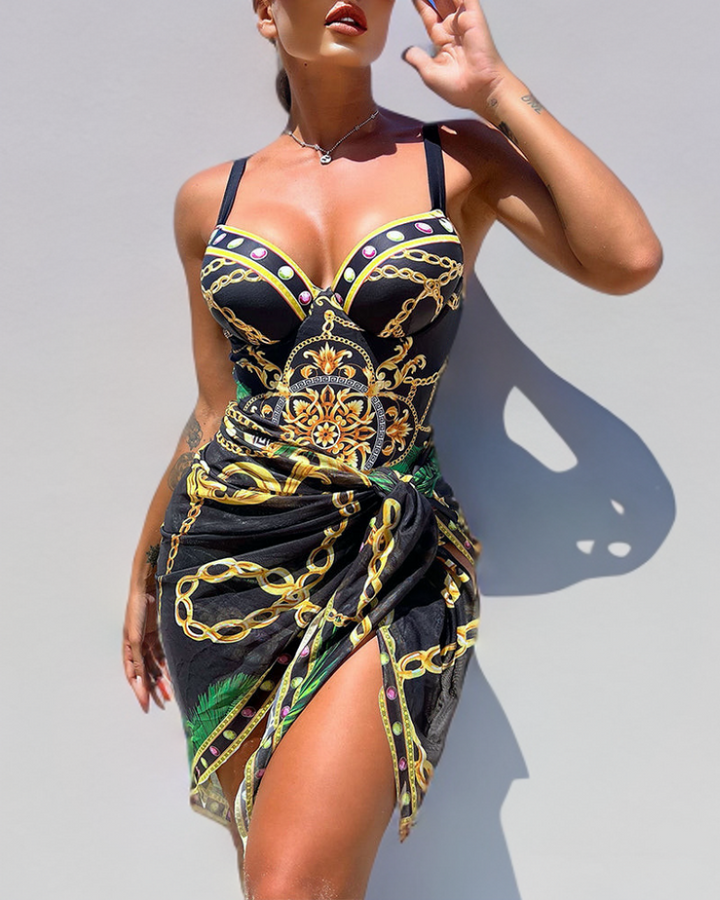 Glamorous women's Baroque chain print swimsuit & matching wrap skirt set. Perfect designer beachwear for summer vacation.
