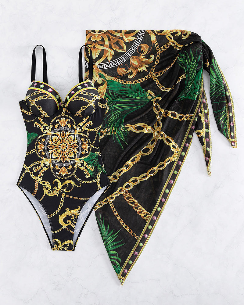Women's designer style Baroque chain print swimsuit & flowy wrap skirt. Ideal for glamorous summer beach vacations.