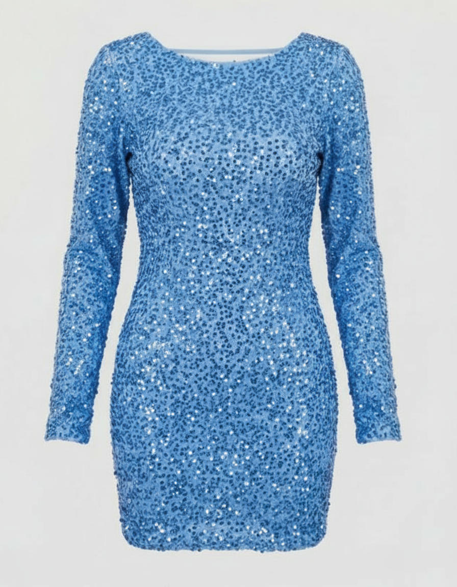 Women's dazzling long-sleeve open-back mini dress. A glamorous bodycon cocktail dress for evening wear & parties.