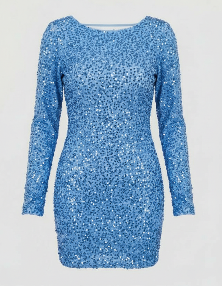 Women's dazzling long-sleeve open-back mini dress. A glamorous bodycon cocktail dress for evening wear & parties.