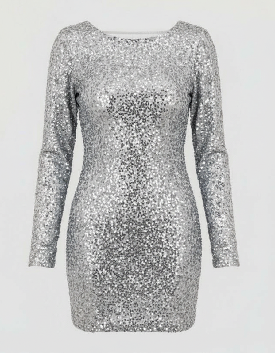 Chic women's dazzling mini dress. Open-back, long-sleeve, and bodycon, ideal as a party or cocktail evening dress.