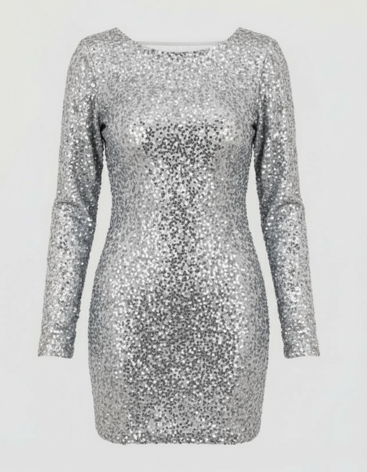 Chic women's dazzling mini dress. Open-back, long-sleeve, and bodycon, ideal as a party or cocktail evening dress.