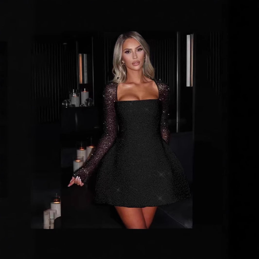 Glamorous women's evening mini dress, perfect for parties, cocktails, or special occasions. Elegant fitted design.
