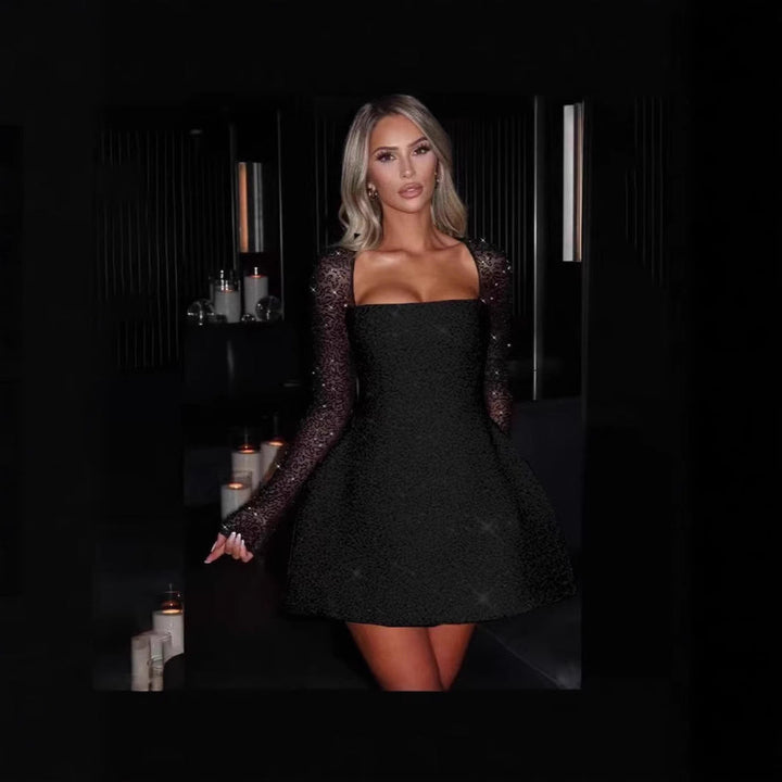 Glamorous women's evening mini dress, perfect for parties, cocktails, or special occasions. Elegant fitted design.