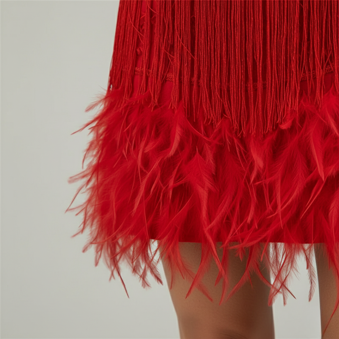 Women's glamorous sequin feather fringe mini dress. Ideal party or evening cocktail attire.