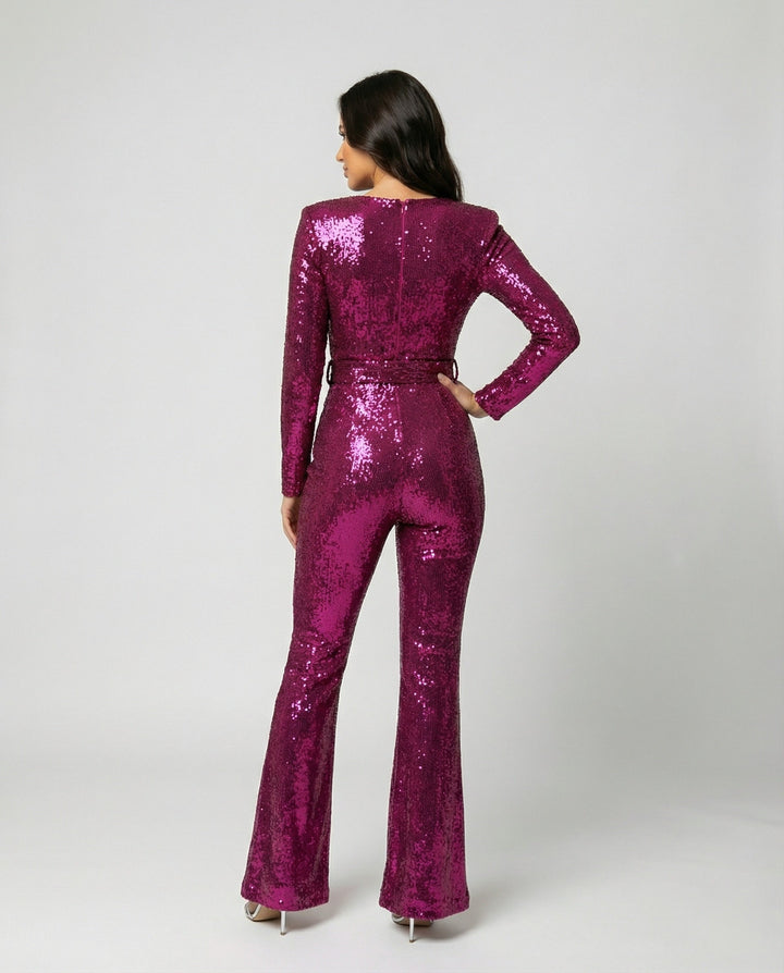 Shimmering long-sleeve sequin jumpsuit for women, a glamorous choice for elegant evening wear & special event outfits.