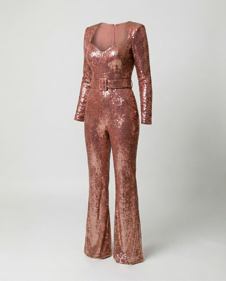 Women's shimmering sequin jumpsuit with long sleeves, a glamorous figure-hugging formal outfit for evening & parties.