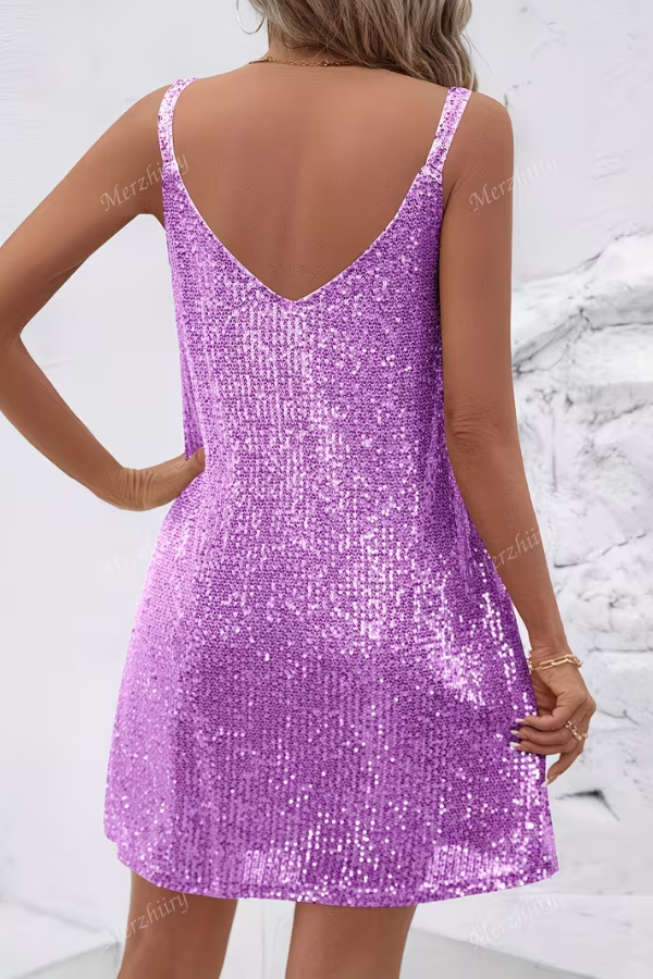 Formal women's sequin V-neck cocktail dress. Sleeveless and sparkling, an elegant choice for evening parties.