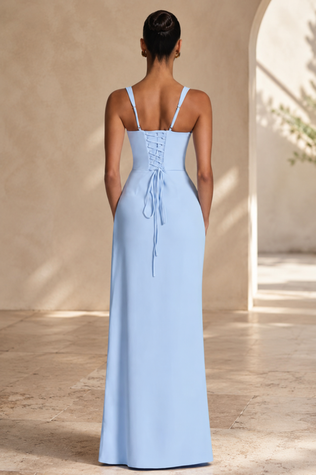 Long flowing navy blue maxi dress for women, a sophisticated evening gown perfect for formal parties & events.