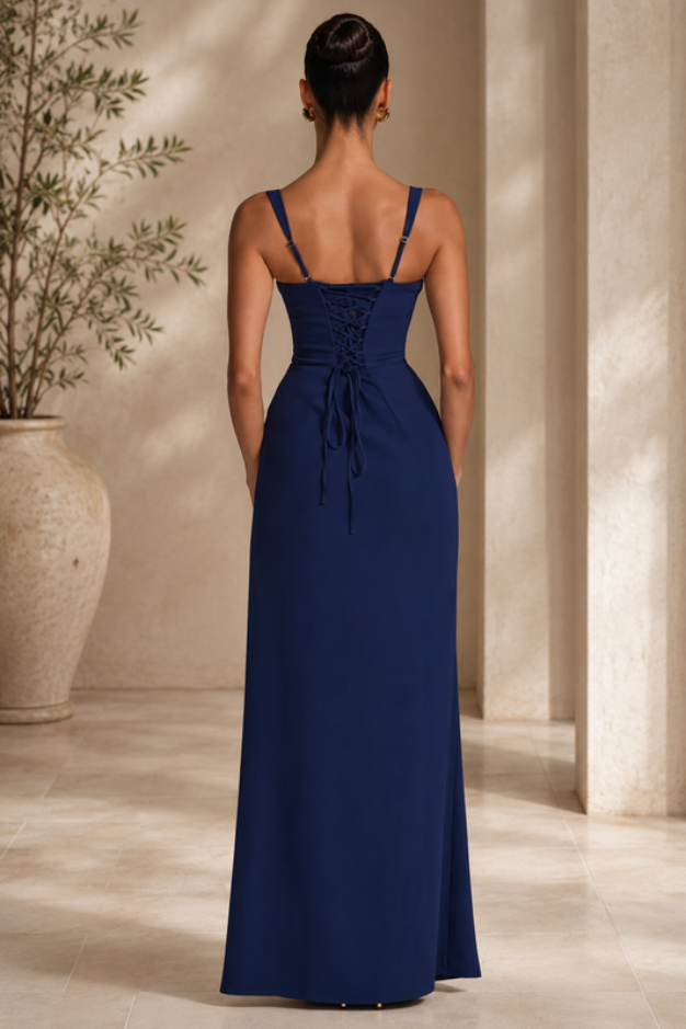 Graceful women's navy blue maxi evening dress, a long flowing gown perfect for elegant parties & formal events.