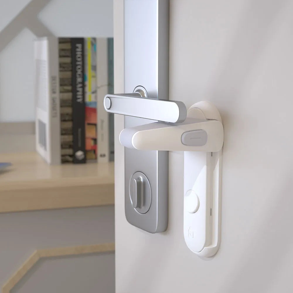 Gray baby safety door lever locks (2-pack) for toddler childproofing, adhesive installation